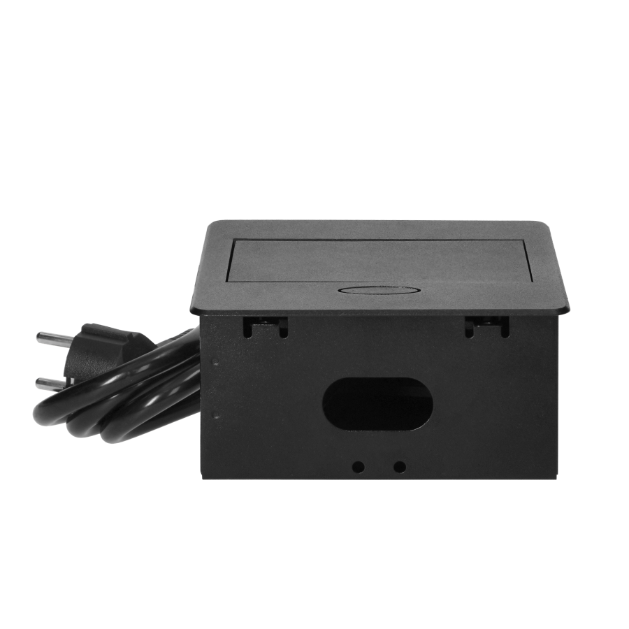 Recessed furniture socket with USB charger and 1.5m long cable, 1x2P+E Schuko, 2xUSB (type A, 2.1A), flat milled edge, black